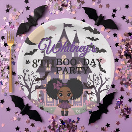 女不気味の子パープルアフロープフ誕生日パーティー ペーパープレート