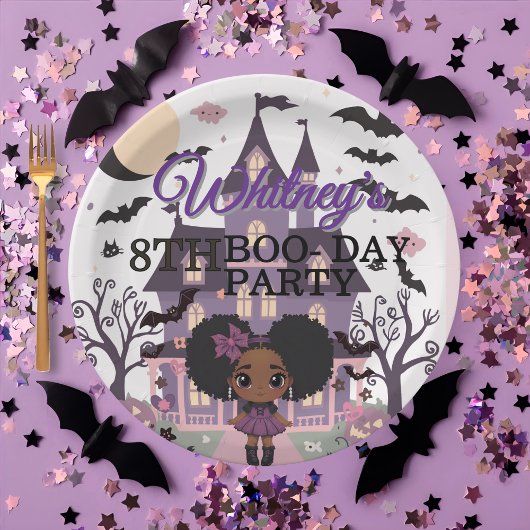 女不気味の子パープルアフロープフ誕生日パーティー ペーパープレート