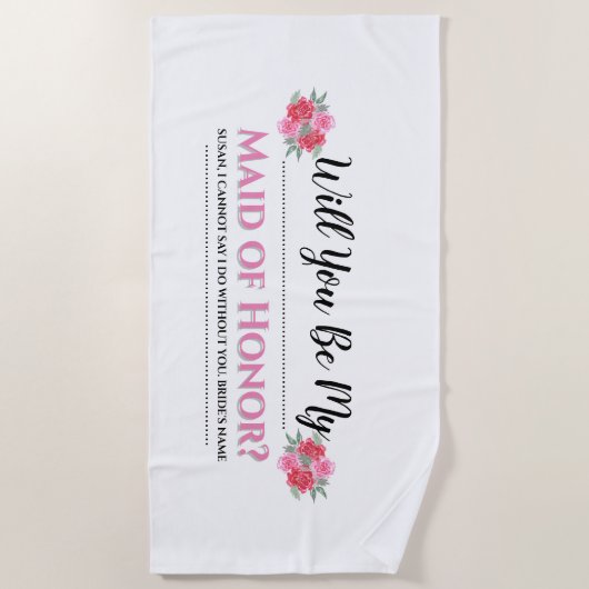 女中の名誉|の水彩画のばら色の花の結婚式 ビーチタオル (正面)
