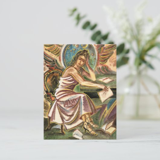 女作家考えの水色絵画 ポストカード (スタンド正面)