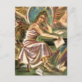 女作家考えの水色絵画 ポストカード