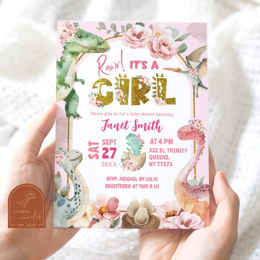 女児の恐竜ピンクのジュラシック赤ちゃんシャワー 招待状