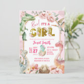 女児の恐竜ピンクのジュラシック赤ちゃんシャワー 招待状 (スタンド正面)