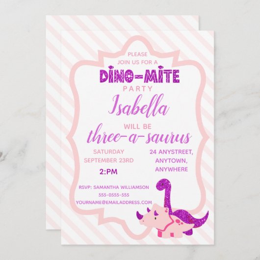 女児の恐竜ピンクの誕生日パーティーへの招待 招待状 (正面/裏面)