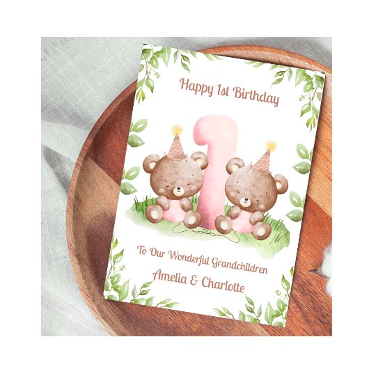 女双子の1歳誕生日 テディベアのカード カード