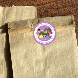 女国際的の日パープルホワイトステッカー ラウンドシール