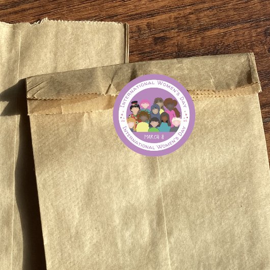 女国際的の日パープルホワイトステッカー ラウンドシール