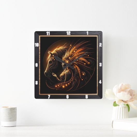 女威厳のある馬の結び白熱［赤熱］光を放つ付 スクエア壁時計 (ホーム)