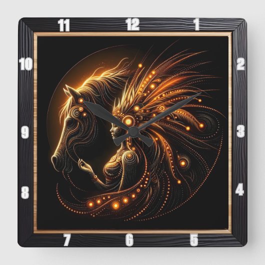 女威厳のある馬の結び白熱［赤熱］光を放つ付 スクエア壁時計 (正面)