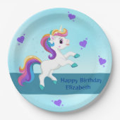 女子お洒落ティール(緑がかった色)ユニコーンBIrthdayパーティー ペーパープレート (正面)
