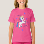 女子お洒落ティール（緑がかった色）ユニコーンBIrthdayパーティー Tシャツ<br><div class="desc">女子お洒落ティール（緑がかった色）ユニコーンBIrthdayパーティーTシャツ。あなたの魅惑的なテーマは、ティール（緑がかった色）、白、紫、ピンクに囲まれた可愛いユニコーンを特徴とし、喜びと輝きを振りかけるに準備された紫のハートに囲まれている。おカスタマイズ子さんの名前で。ユニコーンはあなたの誕生日パーティーに魔法を追加することができる。</div>