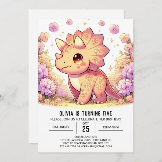 女子お洒落恐竜デジタル誕生日 招待状 (正面/裏面)