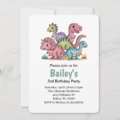 女子かわいいピンクの恐竜の誕生日パーティー 招待状 (正面)