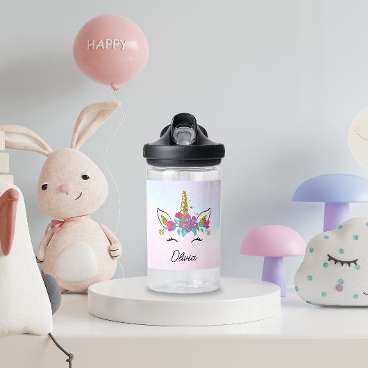 女子かわいいユニコーンと水彩虹カスタム色 ウォーターボトル