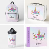 女子かわいいユニコーンと水彩虹カスタム色 ウォーターボトル