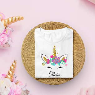 女子かわいいユニコーンと水彩虹カスタム色 Tシャツ