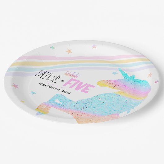 女子かわいいレインボーユニコーンキッズ5th誕生日 ペーパープレート (アングル)
