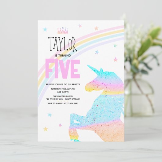 女子かわいいレインボーユニコーンキッズ5th誕生日 招待状 (スタンド正面)
