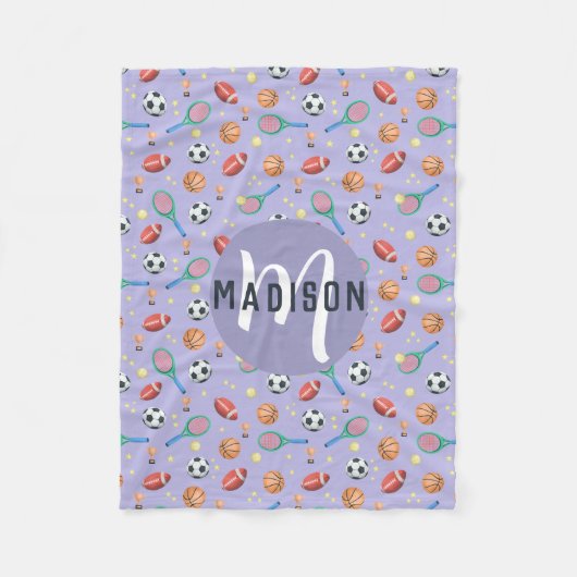 女子かわいい紫のサッカーバスケットボールの子供たち フリースブランケット (正面)