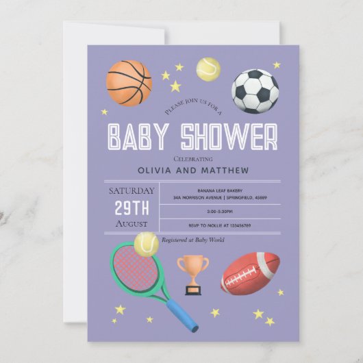 女子かわいい紫のスポーツ赤ちゃんシャワー 招待状 (正面)