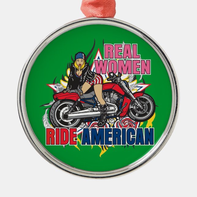 女子が実在アメリカのバイクに乗るオーナメント メタルオーナメント (正面)