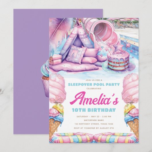 女子たちのスリープオーバー・プールパーティー 招待状 (正面/裏面)