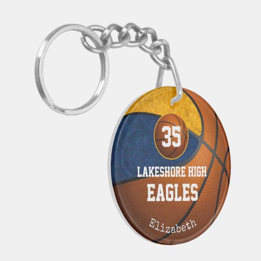 女子のように青い金ゴールドの女遊の子のバスケットボールをする キーホルダー (正面左)