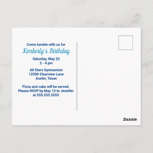 女子の体操の誕生日パーティー Let's Tumble ポストカード (裏面)