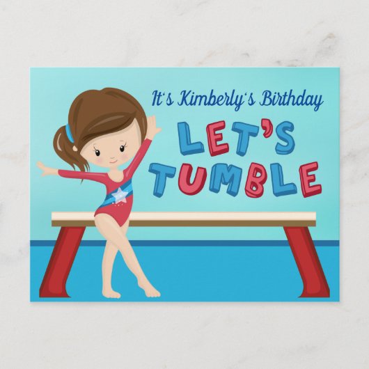 女子の体操の誕生日パーティー Let's Tumble ポストカード (正面)