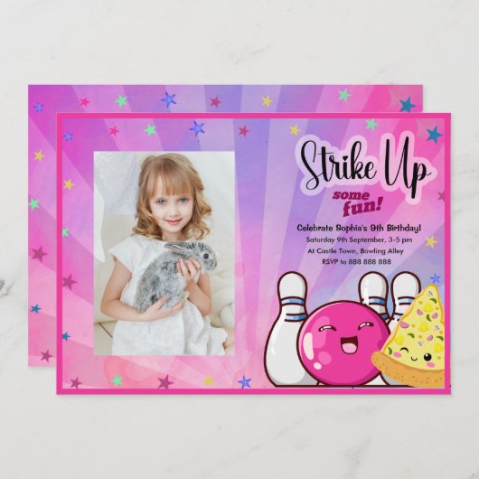 女子の写真ボウリング タイダイ パーティー 招待状 (正面/裏面)