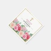 女子の初聖体拝領の金色の十字架とバラの花 スタンダードカクテルナプキン (角)