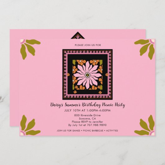 女子の夏ピクニック誕生日パーティーの招待状 招待状 (正面/裏面)