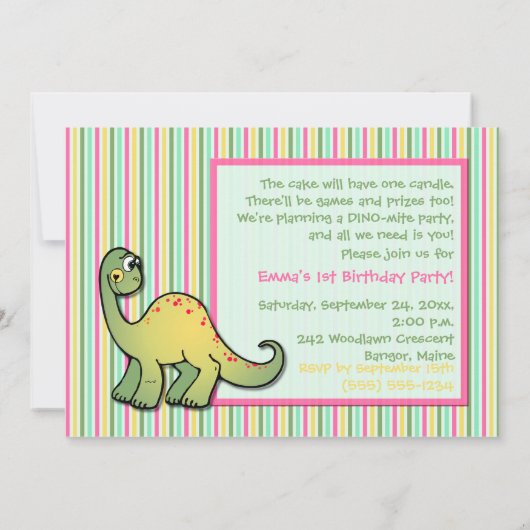 女子の恐竜の最初の誕生日パーティーの招待状 招待状 (裏面)