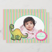 女子の恐竜の最初の誕生日パーティーの招待状 招待状 (正面/裏面)