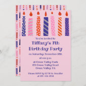 女子の第7誕生日7ピンク紫キャンドルパーティー 招待状 (正面/裏面)