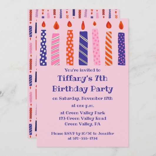 女子の第7誕生日7ピンク紫キャンドルパーティー 招待状 (正面/裏面)