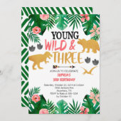 女子の若い野生と3つの恐竜の3番目の誕生日 招待状 (正面/裏面)