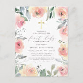 女子の金ゴールドクロスピンクフローラファーストホーリーコミュニオン インビテーションポストカード (正面)