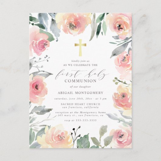 女子の金ゴールドクロスピンクフローラファーストホーリーコミュニオン インビテーションポストカード (正面)