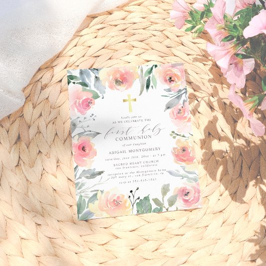 女子の金ゴールドクロスピンクフローラファーストホーリーコミュニオン インビテーションポストカード