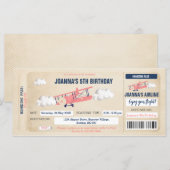 女子の飛行機チケット誕生日招待状 (正面/裏面)