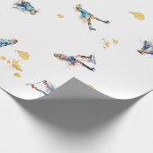 女子アイススケートで滑る、ホッケーブルー金ゴールドパターン ラッピングペーパー (角)