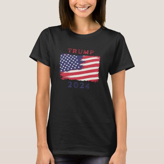 女子アメリカ国旗のトランプ2024Tシャツ Tシャツ (正面)