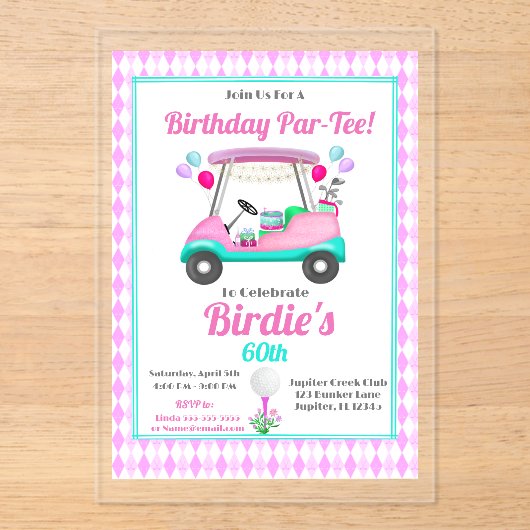 女子エレガントゴルフパーティーカート誕生日 アクリル招待状 (正面)