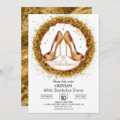 女子エレガントデジタル金ゴールド40歳の誕生日 招待状 (正面/裏面)