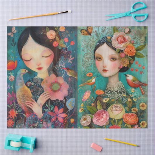 女子エレガントフローラカラフルデカップコラージュ 薄葉紙 (クラフト)