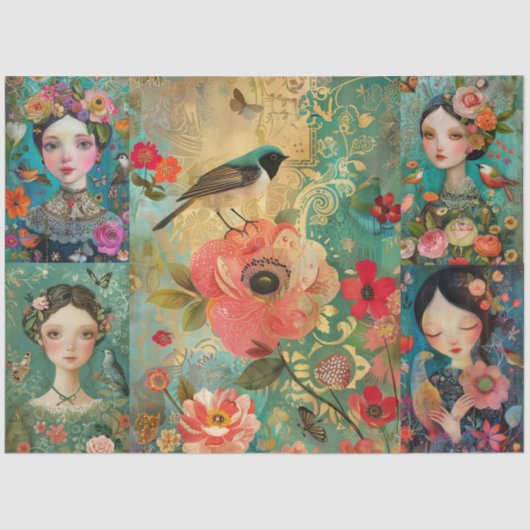 女子エレガントフローラカラフルデカップコラージュ 薄葉紙 (正面)