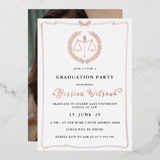 女子エレガント法科卒業写真 箔招待状 (正面/裏面)