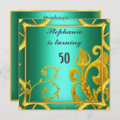 女子エレガント誕生日パーティーグリーンティール(緑がかった色) 招待状 (正面/裏面)