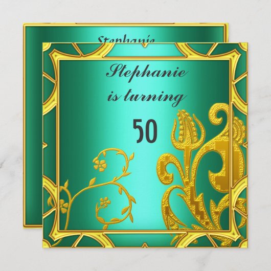 女子エレガント誕生日パーティーグリーンティール（緑がかった色） 招待状 (正面/裏面)